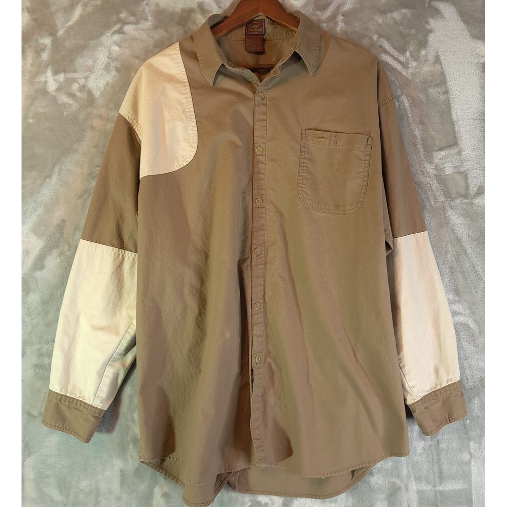 VTG Duxbak Shooting Shirt 2XL Colorblock Canvas Hunting Patches Tan Khaki